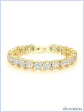 18K White Gold Plated Created White Fire Opal Tennis Bracelet for Women